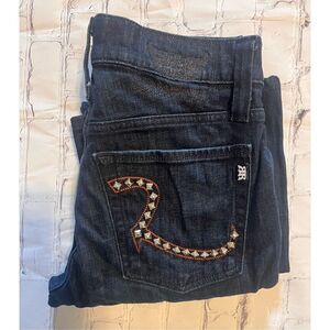 Rock & Republic Straight Leg Jeans Embroidered Studded Pockets Dark Wash
